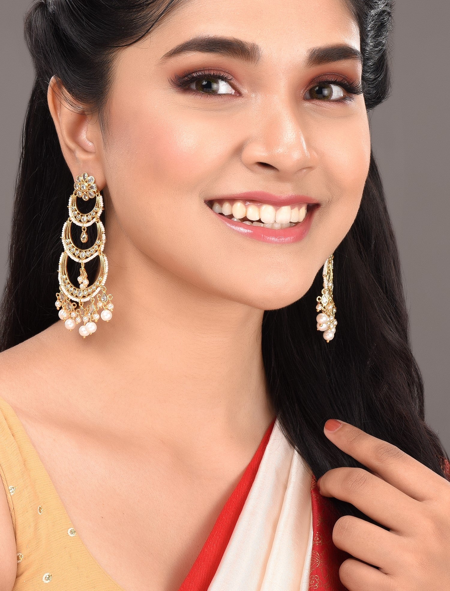 Gold Plated White AD Studded Pearl Drop Contemporary Long Chandbali Earrings